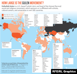 Инфографика на английском языке, с обозначением количества учреждений образования и культуры в разных странах, спонсируемых Фетхуллахом Гюленом. Оранжевым обозначены страны, где их больше 10, бледно-оранжевым - менее 10, черным - где все они были недавно закрыты